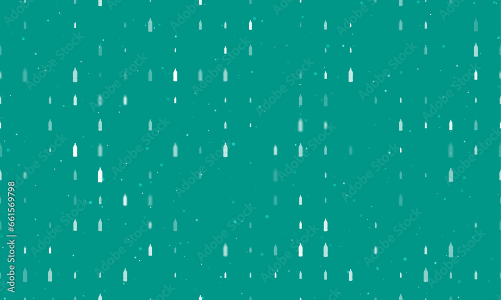 Seamless background pattern of evenly spaced white plastic bottle symbols of different sizes and opacity. Vector illustration on teal background with stars Seamless background pattern of evenly spaced white plastic bottle symbols of different sizes and opacity. Vector illustration on teal background with stars