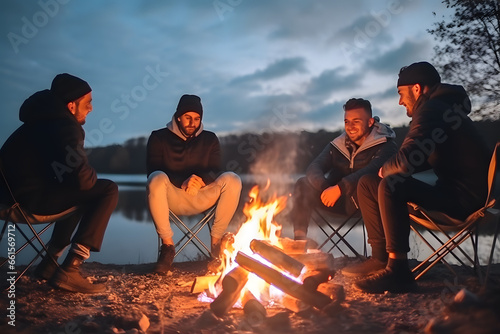 Men friendship group sit round a bright campfire at evening photo