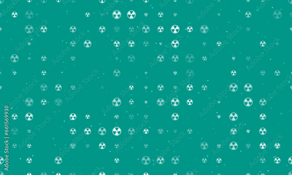 Seamless background pattern of evenly spaced white radiation symbols of different sizes and opacity. Vector illustration on teal background with stars Seamless background pattern of evenly spaced white radiation symbols of different sizes and opacity. Vector illustration on teal background with stars