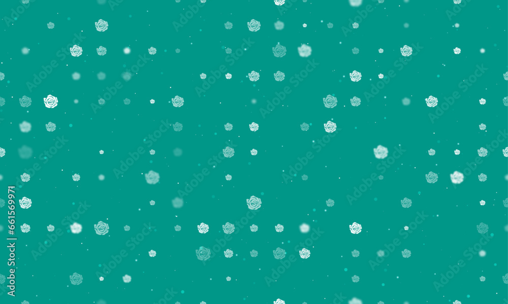 Seamless background pattern of evenly spaced white roses of different sizes and opacity. Vector illustration on teal background with stars