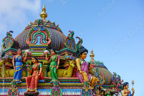 Closeup of colorful roof dome of the Sri Krishnan Hindu temple in Singapore. © Kosma Sobol