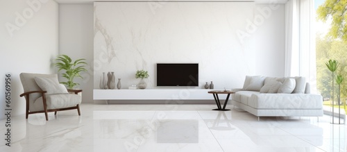 Luxurious white living room with elegant marble flooring With copyspace for text