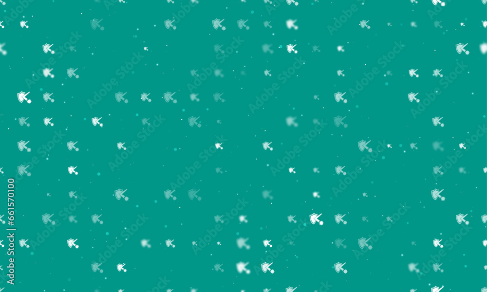 Seamless background pattern of evenly spaced white virus bounces off the shield symbols of different sizes and opacity. Vector illustration on teal background with stars