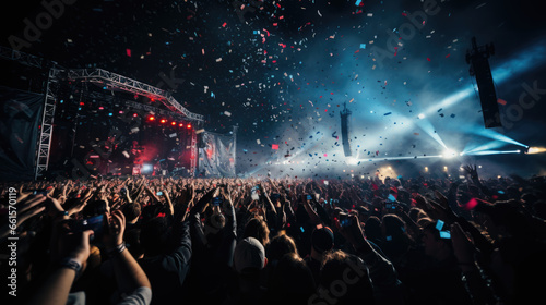 cheering crowd at concert in front of bright lights. Created with Generative AI technology.