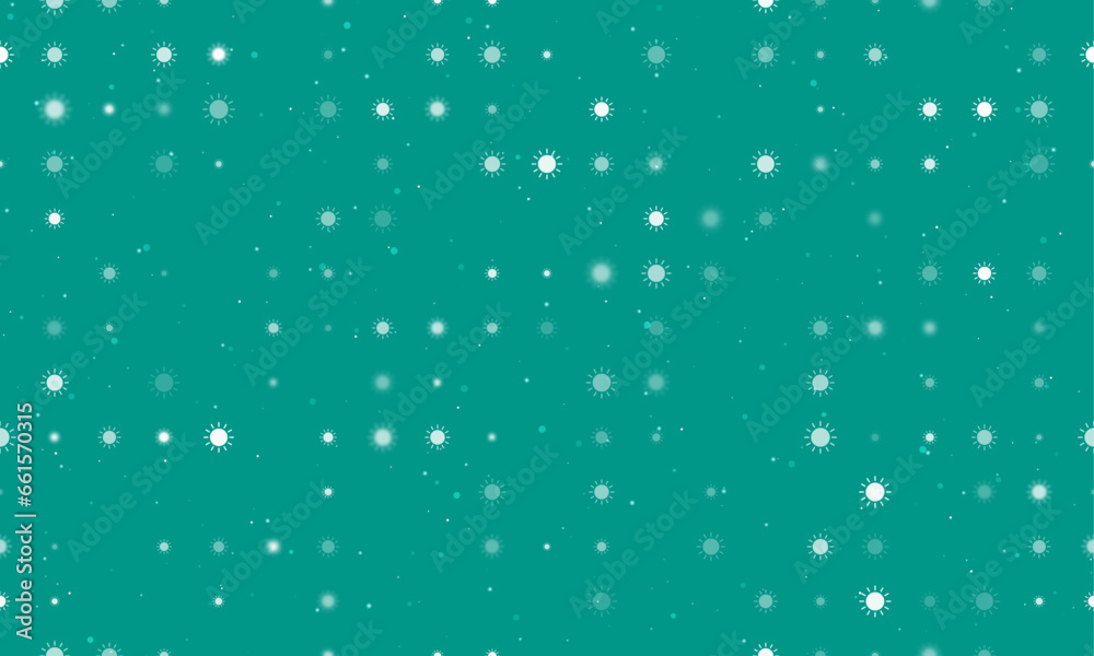 Seamless background pattern of evenly spaced white suns of different sizes and opacity. Vector illustration on teal background with stars Seamless background pattern of evenly spaced white suns of different sizes and opacity. Vector illustration on teal background with stars