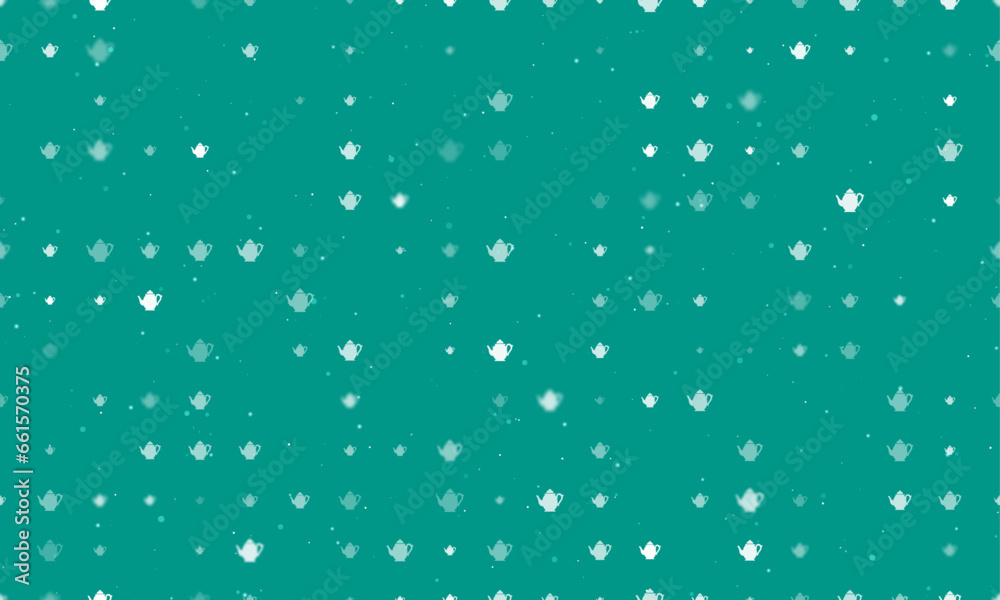 Seamless background pattern of evenly spaced white teapots of different sizes and opacity. Vector illustration on teal background with stars Seamless background pattern of evenly spaced white teapots of different sizes and opacity. Vector illustration on teal background with stars