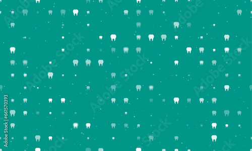 Seamless background pattern of evenly spaced white tooth symbols of different sizes and opacity. Vector illustration on teal background with stars