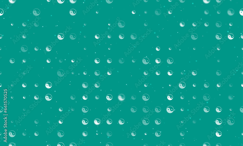 Seamless background pattern of evenly spaced white yin yang symbols of different sizes and opacity. Vector illustration on teal background with stars