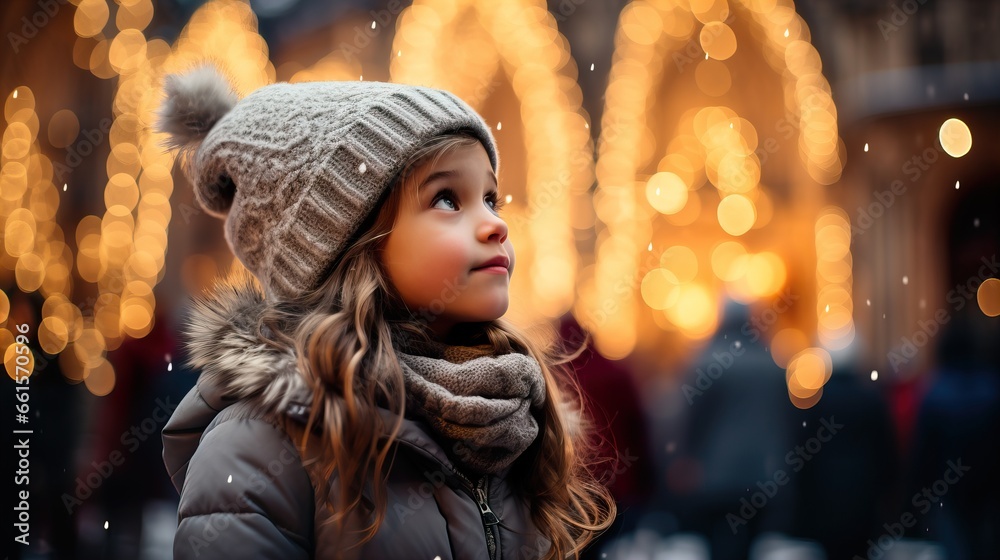 Christmas, A young girl in a brown coat gazing at the snowflakes falling from the sky in a city setting