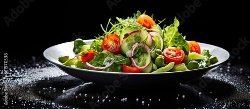 Lettuce and sea grapes or green caviar complemented by tomato and onion adorn a fresh green veggie salad With copyspace for text