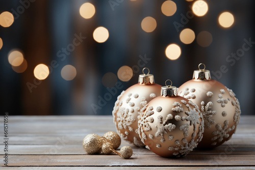 Elegant Christmas decorations on a dark background illuminated by many bokeh effect lights, Christmas holiday theme