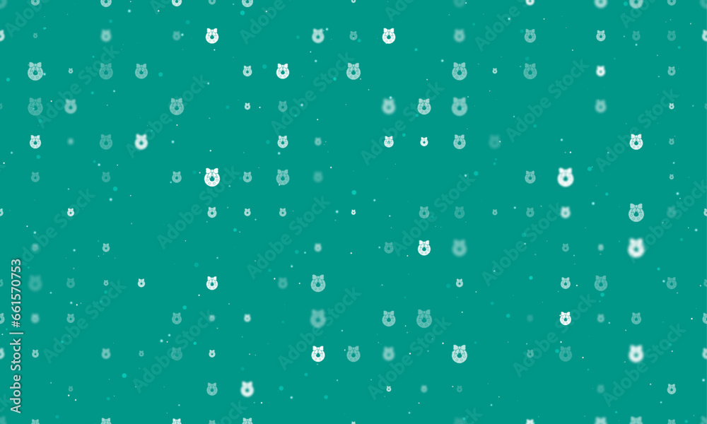 Seamless background pattern of evenly spaced white christmas wreath symbols of different sizes and opacity. Vector illustration on teal background with stars