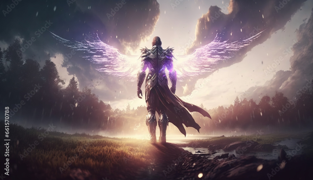 Knight in armor with glowing angel wings, standing on an empty field under the rain, in misty dreamy light - obrazy, fototapety, plakaty 