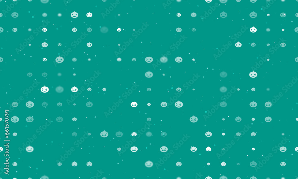 Seamless background pattern of evenly spaced white halloween pumpkin symbols of different sizes and opacity. Vector illustration on teal background with stars