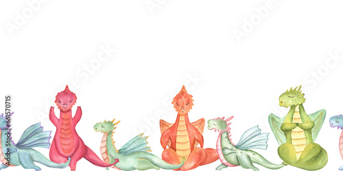 Dragons in various poses of yoga. Seamless banner. Animal meditation. Colored Dragons practicing fitness exercises. Horizontal board. Watercolor illustration for yoga center  package  label