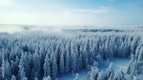 Photo of a breathtaking winter wonderland: an aerial view of a snow-covered forest