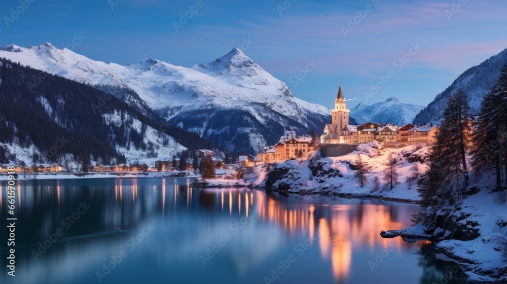 Photo of a serene lake nestled among majestic snow-capped mountains