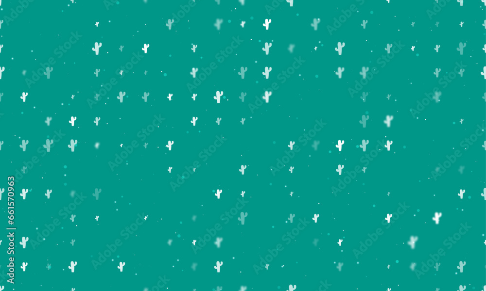 Seamless background pattern of evenly spaced white cactus symbols of different sizes and opacity. Vector illustration on teal background with stars Seamless background pattern of evenly spaced white cactus symbols of different sizes and opacity. Vector illustration on teal background with stars