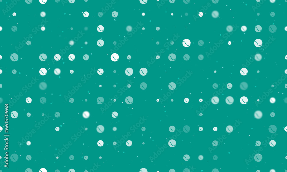 Seamless background pattern of evenly spaced white tennis balls of different sizes and opacity. Vector illustration on teal background with stars