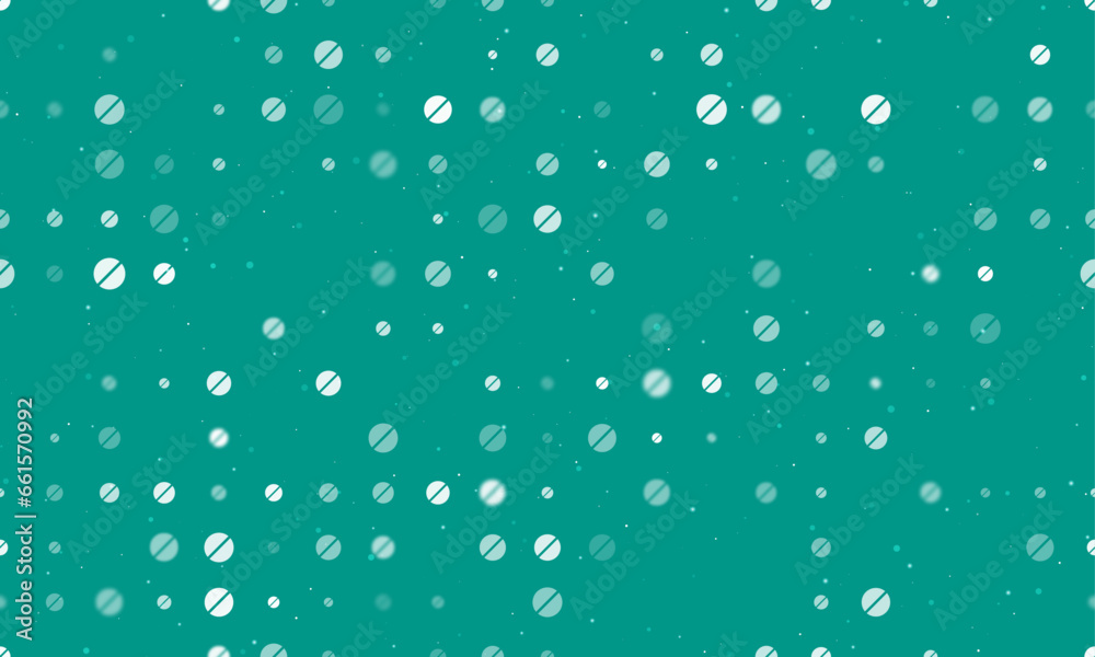 Seamless background pattern of evenly spaced white pill symbols of different sizes and opacity. Vector illustration on teal background with stars