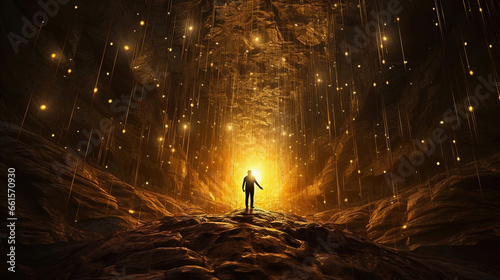 Person walking through a magical tunnel filled with golden light and sparkles. Mystical experience, spiritual practice, afterlife.