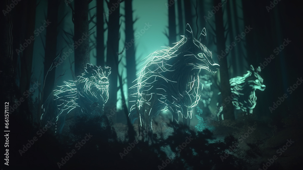 Mysterious spirit wolves from the astral dimension manifesting in the forest at night. Mystical animals in glowing energy form. - obrazy, fototapety, plakaty 