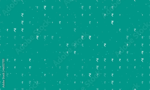 Seamless background pattern of evenly spaced white indian rupee symbols of different sizes and opacity. Vector illustration on teal background with stars