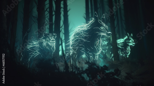 Mysterious spirit wolves from the astral dimension manifesting in the forest at night. Mystical animals in glowing energy form.