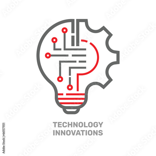 Light bulb with gear wheel machine icon vector. Technology solutions. Line art lamp and gear wheel machine sign silhouette. Editable Stroke. EPS 10.
