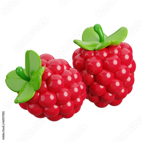 Fresh two raspberries with green leaves isolated. Cartoon fruits icon. 3d render illustration.