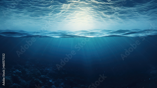 Dark blue water of a deep sea with sun glare in the sky. Peaceful underwater landscape.