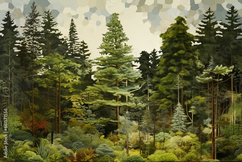 Wallpaper Mural Collage of conifers in woodland. Generative AI