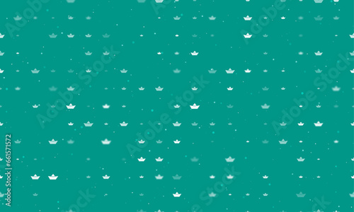 Seamless background pattern of evenly spaced white paper boat symbols of different sizes and opacity. Vector illustration on teal background with stars