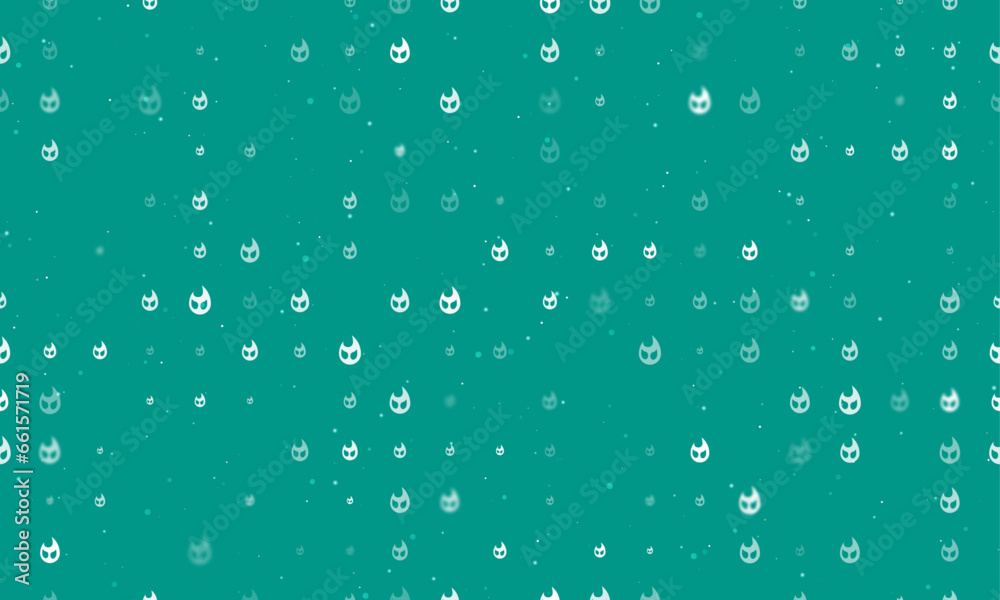 Seamless background pattern of evenly spaced white fire symbols of different sizes and opacity. Vector illustration on teal background with stars