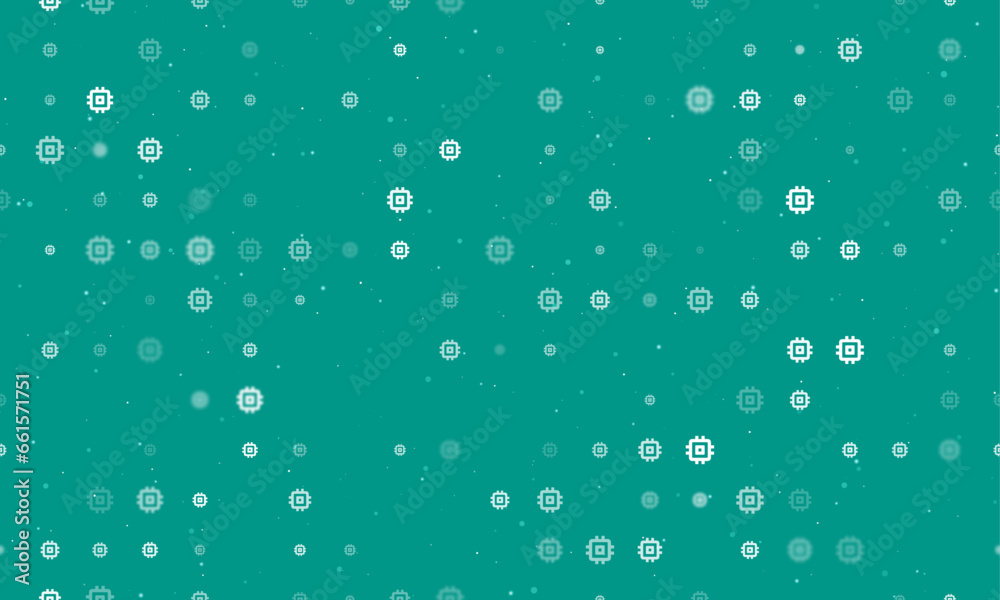 Seamless background pattern of evenly spaced white chip symbols of different sizes and opacity. Vector illustration on teal background with stars