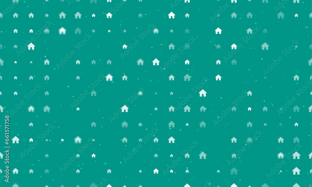 Seamless background pattern of evenly spaced white kennel symbols of different sizes and opacity. Vector illustration on teal background with stars