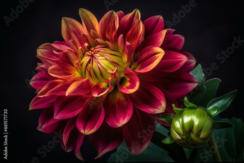 A vibrant dahlia with red and green hues. Generative AI