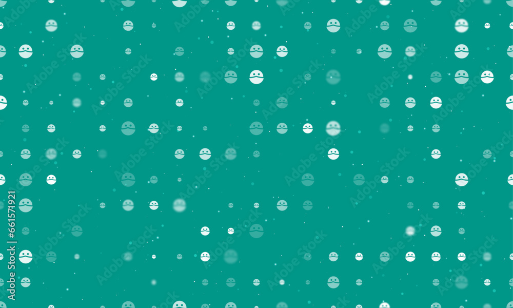 Seamless background pattern of evenly spaced white masked face symbols of different sizes and opacity. Vector illustration on teal background with stars