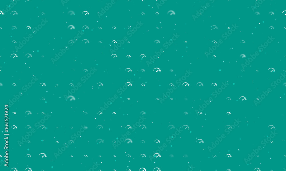 Seamless background pattern of evenly spaced white tachometer symbols of different sizes and opacity. Vector illustration on teal background with stars