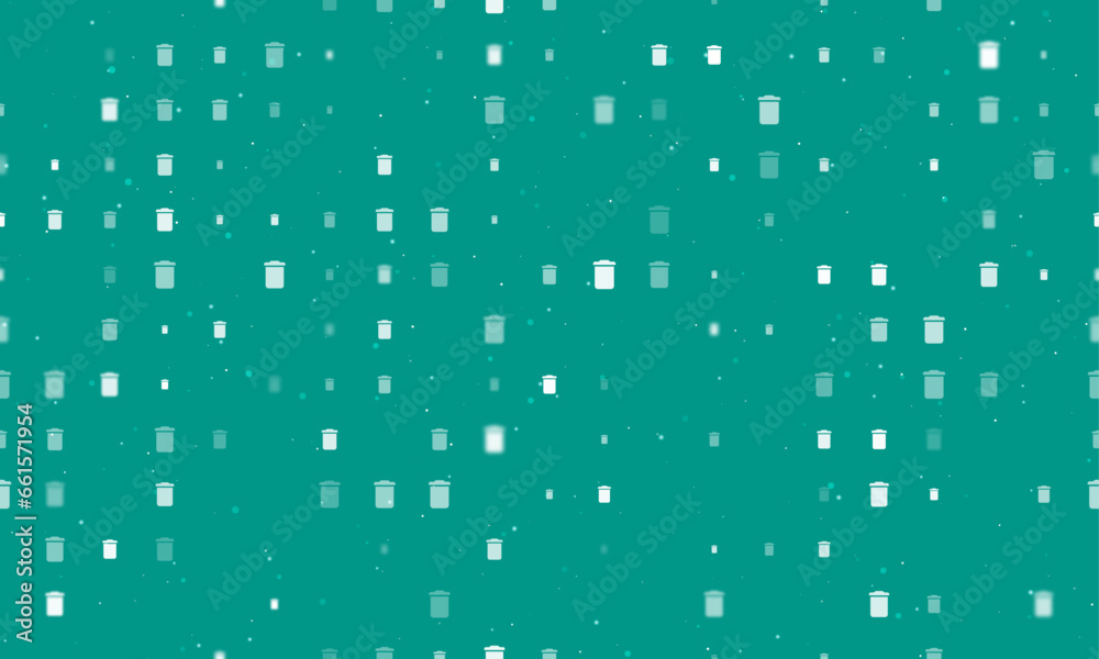 Seamless background pattern of evenly spaced white trash symbols of different sizes and opacity. Vector illustration on teal background with stars Seamless background pattern of evenly spaced white trash symbols of different sizes and opacity. Vector illustration on teal background with stars