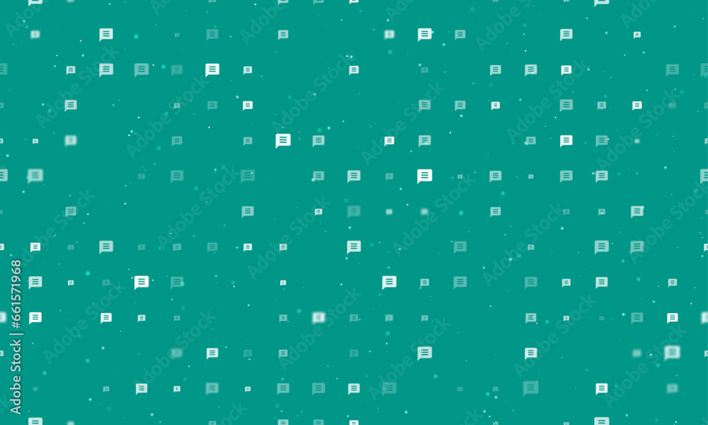 Seamless background pattern of evenly spaced white chat symbols of different sizes and opacity. Vector illustration on teal background with stars Seamless background pattern of evenly spaced white chat symbols of different sizes and opacity. Vector illustration on teal background with stars