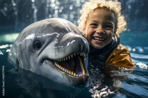 Little girl swimming joyfully with dolphin. photo