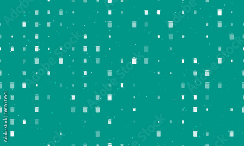 Seamless background pattern of evenly spaced white trash symbols of different sizes and opacity. Vector illustration on teal background with stars