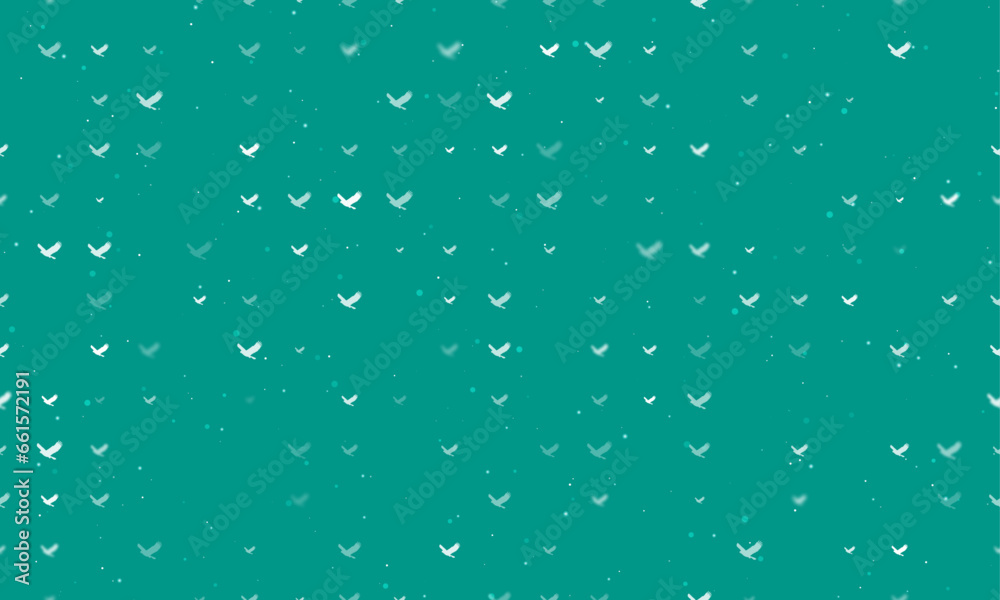 Seamless background pattern of evenly spaced white eagle symbols of different sizes and opacity. Vector illustration on teal background with stars