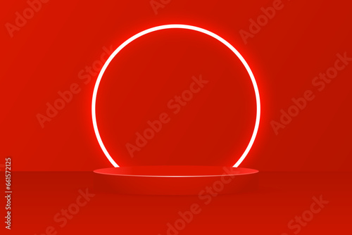 Neon glow 3D Red Valentine's Day podium. Abstract geometric forms. A vector template for presenting products, promotions, and shopping with a Valentine's Day love theme.
