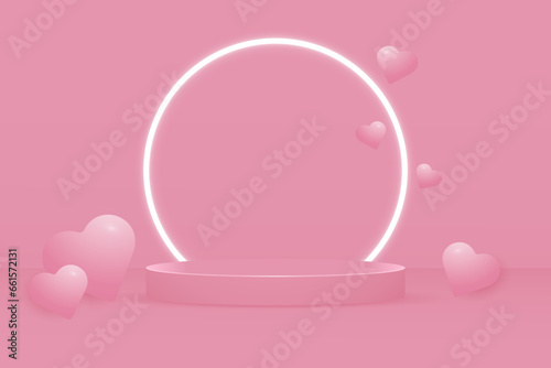 3D pink podium for Valentine's Day with neon glow and dimensional pink hearts.. A vector template for presenting products, promotions, and shopping with a Valentine's Day love theme.Abstract geometric