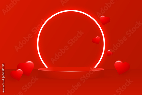 Valentine's Day 3D backdrop featuring a lifelike 3D platform adorned with glowing white neon circle and dimensional red hearts. Vector template  discounts with a love-themed concept for Valentine's .