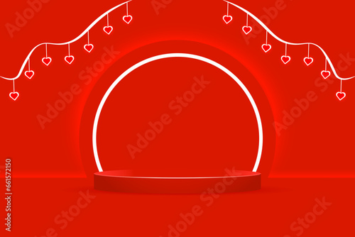 3D red Valentine's Day podium with neon glow and white hearts on a garland. Vector mockup for showcasing products, discounts, and Valentine's Day love concept.