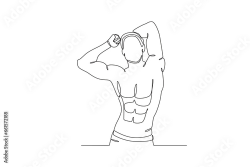 A man raised his hand to show his muscles. Bodybuilding one-line drawing