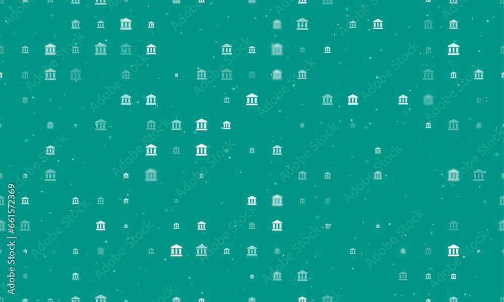 Seamless background pattern of evenly spaced white bank symbols of different sizes and opacity. Vector illustration on teal background with stars
